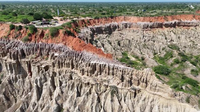 Breathtaking aerial panorama of the eroded cliffs at Miradouro da Lua (Viewpoint of the Moon) in the Belas Municipality of Luanda Province, Angola, Africa travel destination