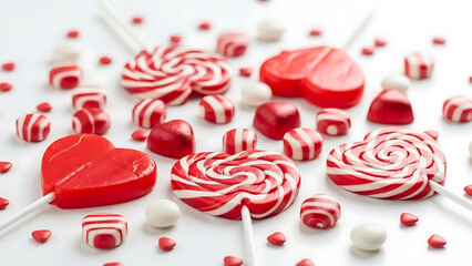 Colorful heart shaped lollipops and candy on white background