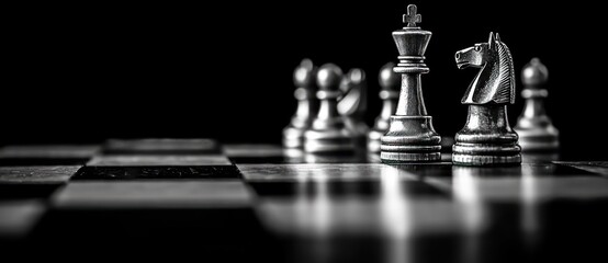 Close-up of silver chess pieces with king and knight prominently displayed on a checkerboard surface against a dark background evoking strategic focus and intensity