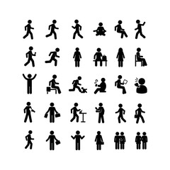 A diverse collection of black stick figures illustrating various human actions, movements, and social interactions on a white background.