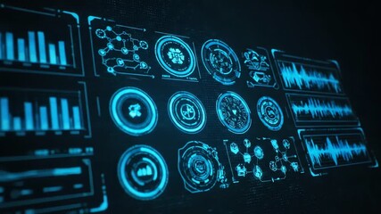 Close-up of various blue neon-lit infographic elements and icons on a dark background with a futuristic and technological mood. - Powered by Adobe