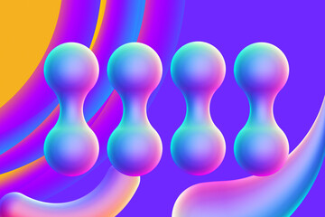 Futuristic background with four iridescent orbs showing glowing liquid shapes against vibrant purple and yellow gradient backdrop abstract concept