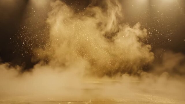 Golden Stage with Smoke and Glitter - This video showcases a stage illuminated with golden lighting, featuring a layer of smoke that hangs low to the ground.