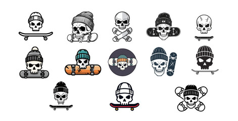 A collection of skull skateboard vector icons featuring beanie hats and urban street skate style. Clean line art and flat illustration design suitable for logos, apparel, stickers, posters, branding,  © Bagsi
