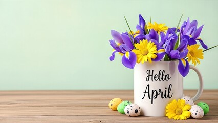 Colorful bouquet of purple irises and yellow daisies in a white mug with the text Hello April, surrounded by decorative eggs, celebrating springtime and seasonal joy
