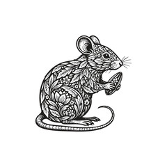 Obraz premium Ornamental mouse illustration with intricate floral patterns and leaf details, decorative rodent holding a seed vector isolated on white background.