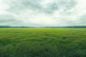 Fototapeta premium expansive green grassy meadow stretching to a distant tree line beneath a dramatic cloudy sky, evoking calm peaceful solitude