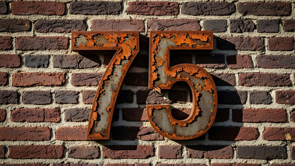 Rusty metal number 75 on brick wall
