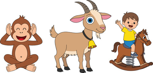 Cartoon, animal illustration set featuring monkey goat and rocking horse child toy for kids education nursery design background vector clipart © Itz Shojeb