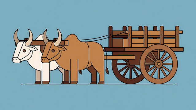 Two oxen pulling a wooden cart on a blue background