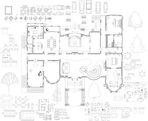 Residential Interior Furniture Layout Plan with Drafting Tools and Home Arrangement Elements