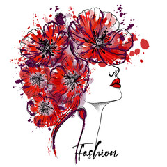 Fashion vector lined beautiful fairy nymph portrait with red poppy flowers
