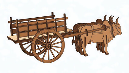 Fototapeta premium Wooden bullock cart with oxen illustration