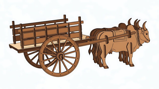 Wooden bullock cart with oxen illustration