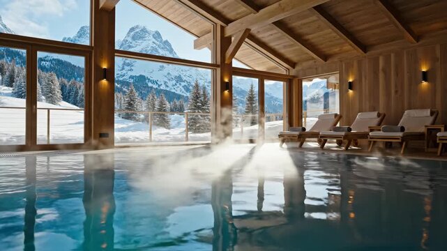 Indoor Pool with Mountain View - An indoor pool with steam sits in a luxurious room with a wood paneled ceiling and walls.