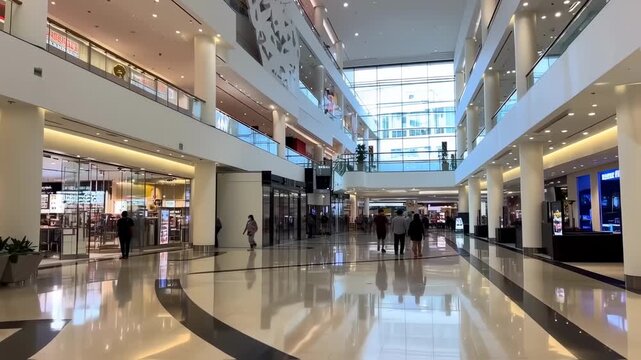 Wide shot of a modern, multi-level shopping mall interior, with numerous shops and a large open area