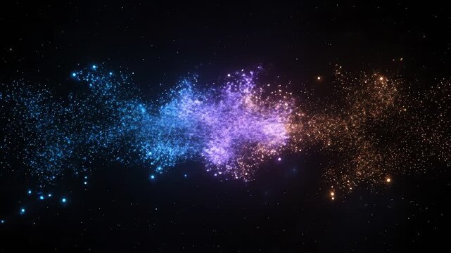 Vibrant blue, purple, and orange particles scattered across a dark background with a cinematic lighting effect.