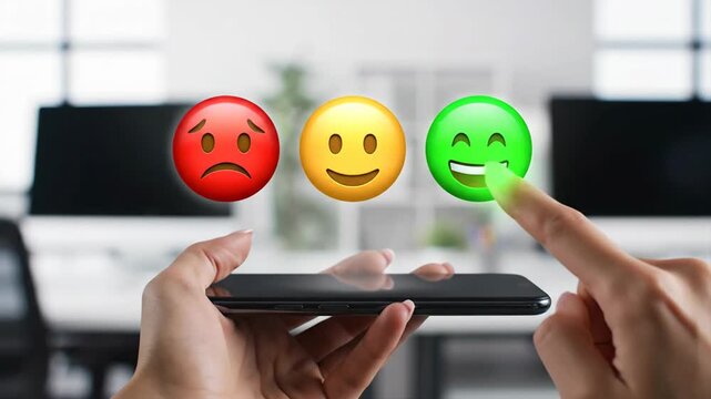 Customer feedback survey with emojis on smartphone screen.