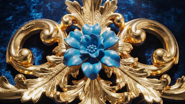 Ornate Gold Ornament with Blue Flower - A close-up shot showcases an ornate golden ornament, intricately designed with swirling patterns and leafy accents, set against a dark blue textured background.