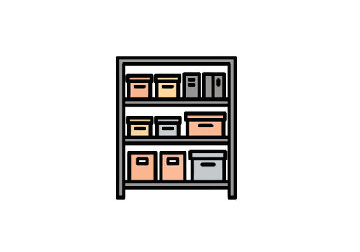 Icon of a threeshelf storage unit filled with colored boxes and files