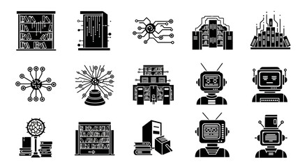 Obraz premium Captivating collection of modern library and AI robot icons symbolizing knowledge, data, and innovation for digital projects