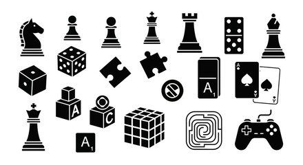 Collection of classic game elements including chess pieces dice dominoes cards puzzle pieces and a video game controller symbolizing fun strategy and recreation © nur