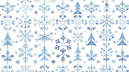 Seamless winter holiday pattern with snowflakes and pine shapes in abstract geometry