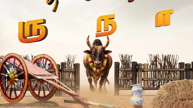 Happy Pongal festival greetings and bull animation