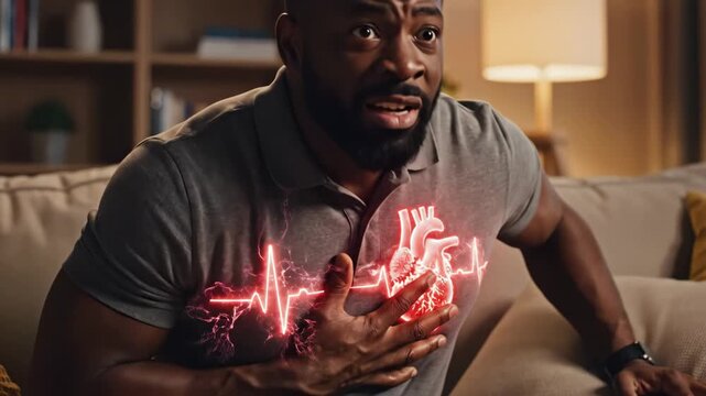 Man Experiencing Chest Pain - An African-American man sits on a couch, clutching his chest in pain. An animated heart and EKG line are superimposed over his chest, suggesting a heart attack.