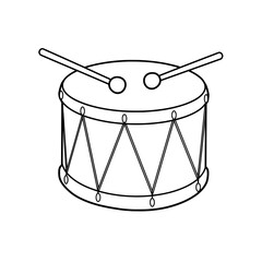 Black and white drawing of drum. It has ropes, two drumsticks on top