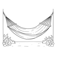 Hammock Relaxing
Description Outlined hammock hangs between two poles with leafy plants at base, drawing lines style