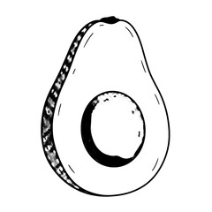 Cut Avocado A cut avocado showing the seed. Black, white, and gray on a white backdrop