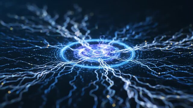 Electric blue lightning bolts radiating from a glowing circular plasma in a dark background with a cinematic dramatic effect.
