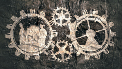 Interlocking gears with human figures and industrial symbols on a textured background, representing collaboration and technological processes.