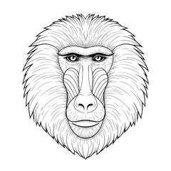 Black & white illustration of a baboon, drawn with fine lines and intricate details on white