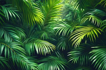 Obraz premium Dense lush tropical palm fronds forming a tranquil verdant jungle canopy