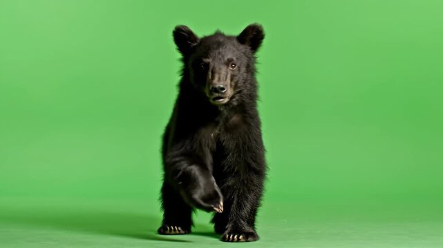 A captivating young black bear cub performs an adorable routine, moving its paws and standing on its hind legs against a vibrant green screen background, perfectly capturing the playful essence.