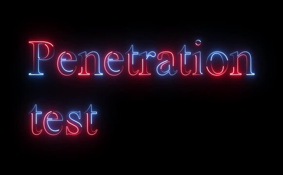 Neon penetration test icon glows with animated text, radar lines, locks, and code pulses, symbolizing cybersecurity assessment, vulnerability discovery, ethical hacking, defense strengthening, and pro