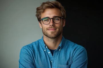 Obraz premium studio portrait of a young man wearing a blue button-up shirt over a dark t-shirt, arms crossed, neat light brown hair, neutral confident expression against split gray and black background