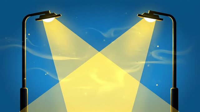 Cartoon Street Lamp Illumination - This cartoon video features two black street lamps casting a bright yellow light against a blue gradient sky.