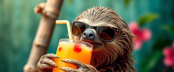 Obraz premium A sloth wearing tiny sunglasses and sipping a coconut drink, animal, rainforest