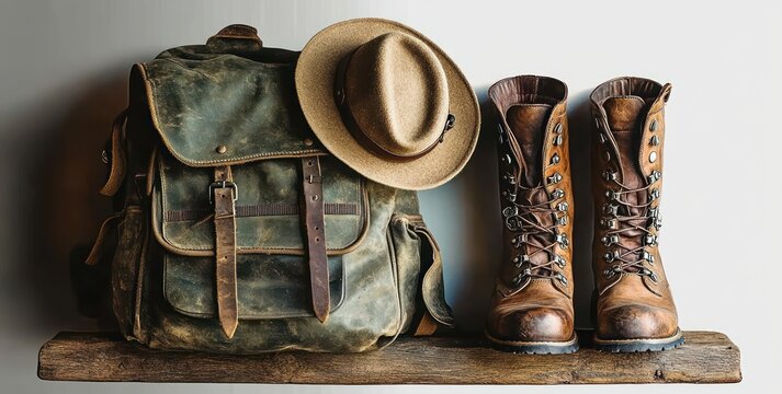 worn green canvas and leather backpack, tan felt hat and scuffed brown hiking boots neatly arranged on a rustic wooden shelf, evoking rugged nostalgia and readiness for adventure