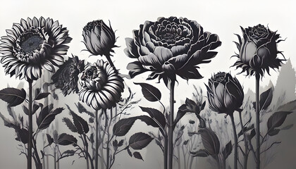 Flower silhouette collection (rose, tulip, sunflower), black and white