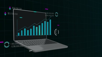 3D render of a laptop screen showing dynamic blue bar charts and business performance metrics for corporate reports.