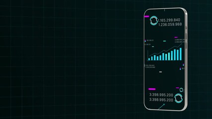 Vertical view of a smartphone screen displaying floating blue bar charts and digital data for modern banking apps. - Powered by Adobe