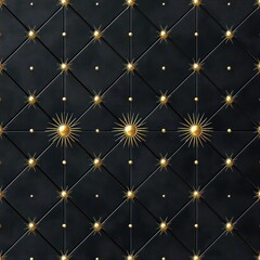 Obraz premium luxurious black quilted leather panel with gold studs and radiant sunburst ornaments in a symmetrical diamond grid evoking elegant opulence