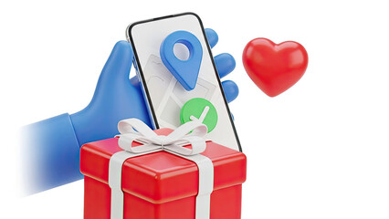 3D Icon: Hand Holding Phone with Location Pin, Gift, and Heart