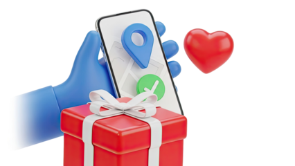 3D Icon: Hand Holding Phone with Location Pin, Gift, and Heart
