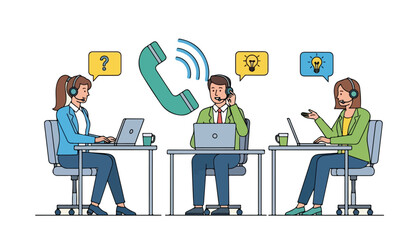 Three customer service representatives working in a call center with headsets and laptops, providing support to clients.