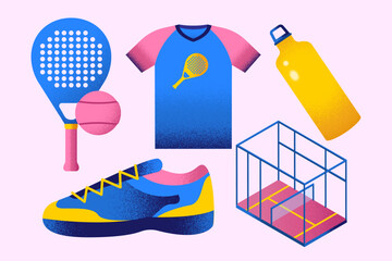 Padel tennis equipment set with racket, ball, shoe, and court  grainy texture illustration.